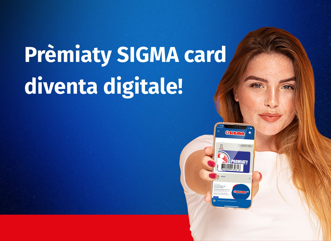 Ragazza che mostra la Prèmiaty Sigma Card dallo schermo dello smartphone